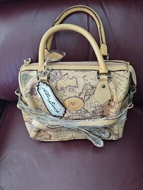 Map-Print Satchel Handbag in Tan by Allen Edmonds